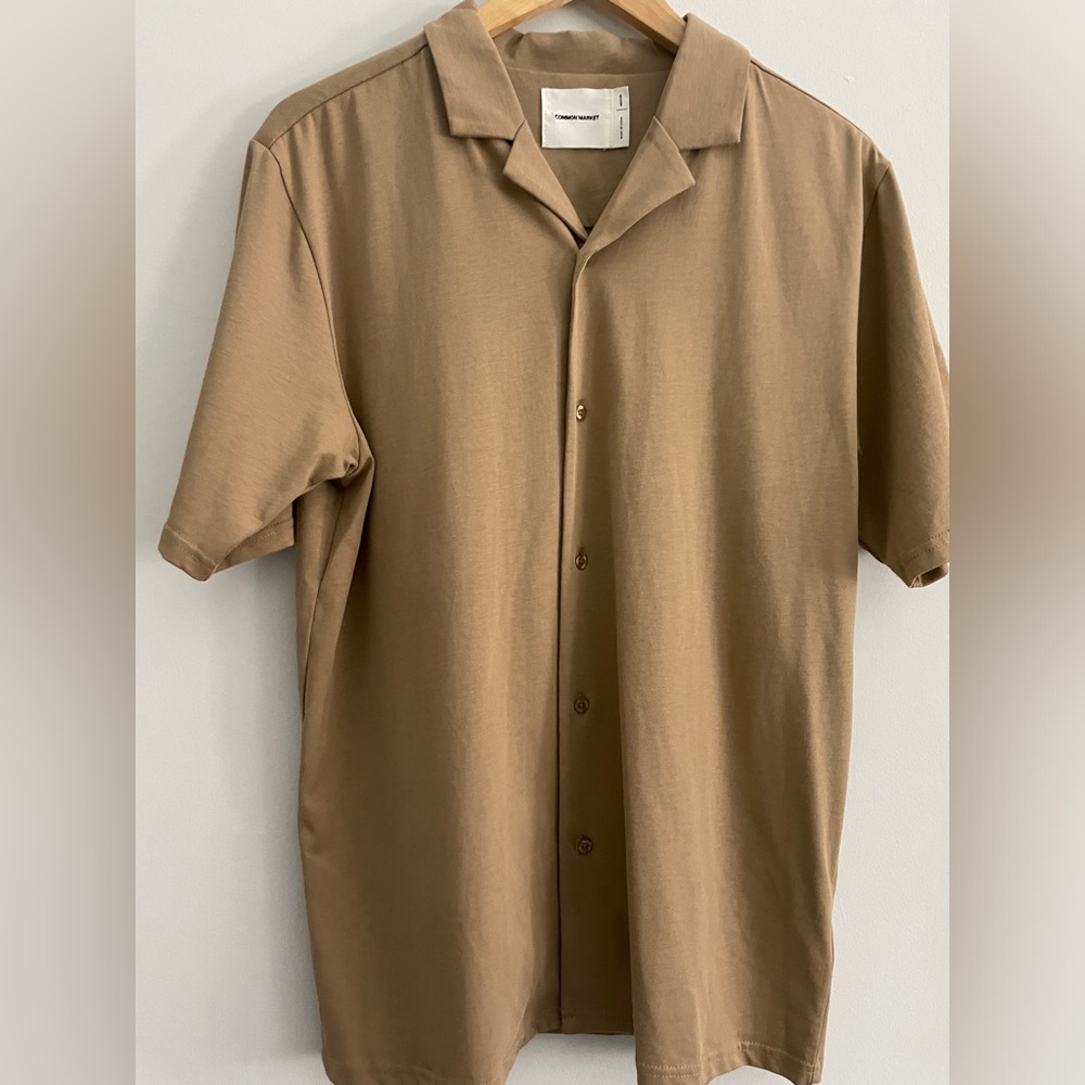 Mens Camp Collar Shirt Button Front Short Sleeve Beige Cotton New